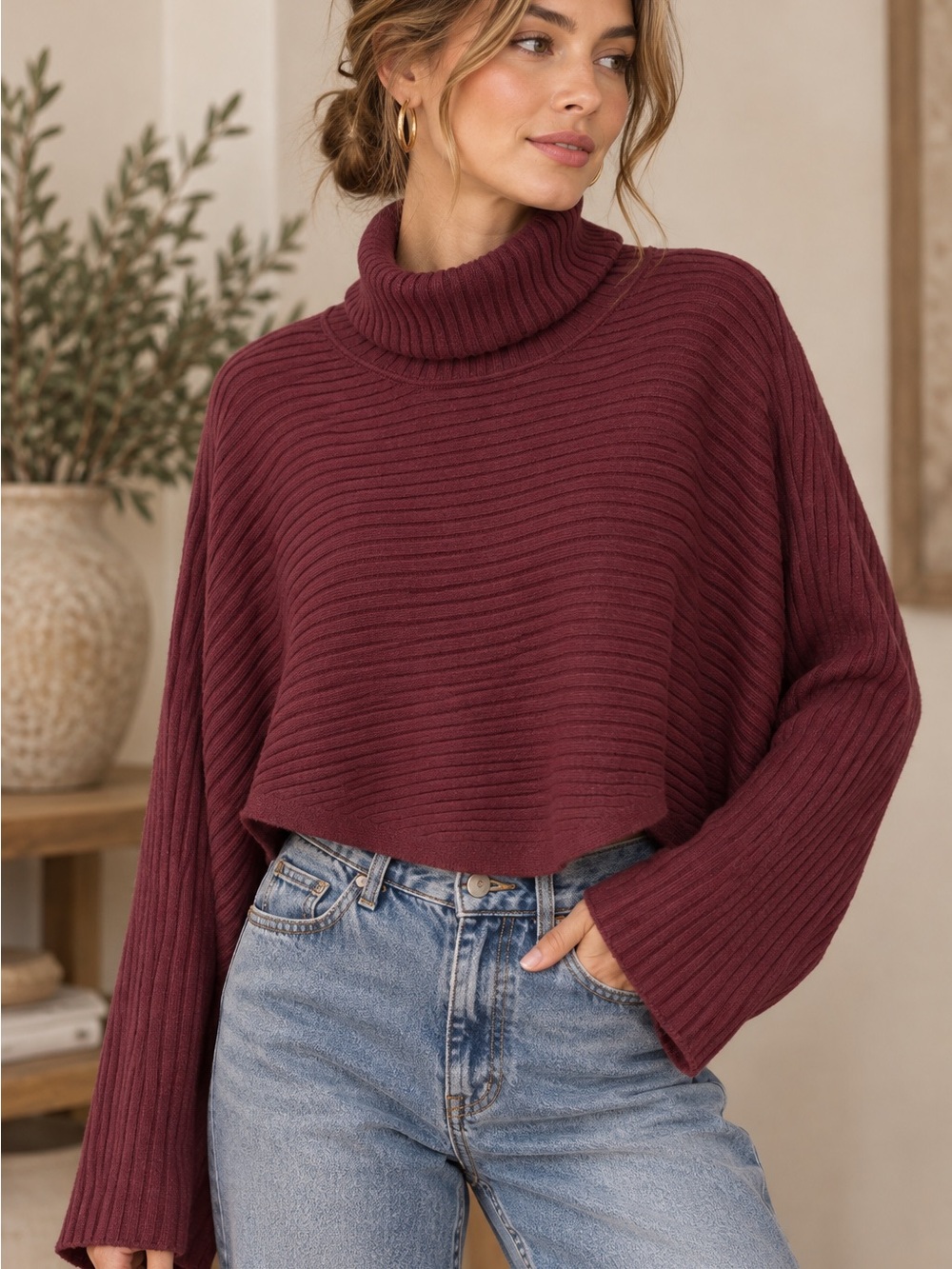 Free People Burgundy Ribbed Turtleneck Cropped Poncho Sweater Large